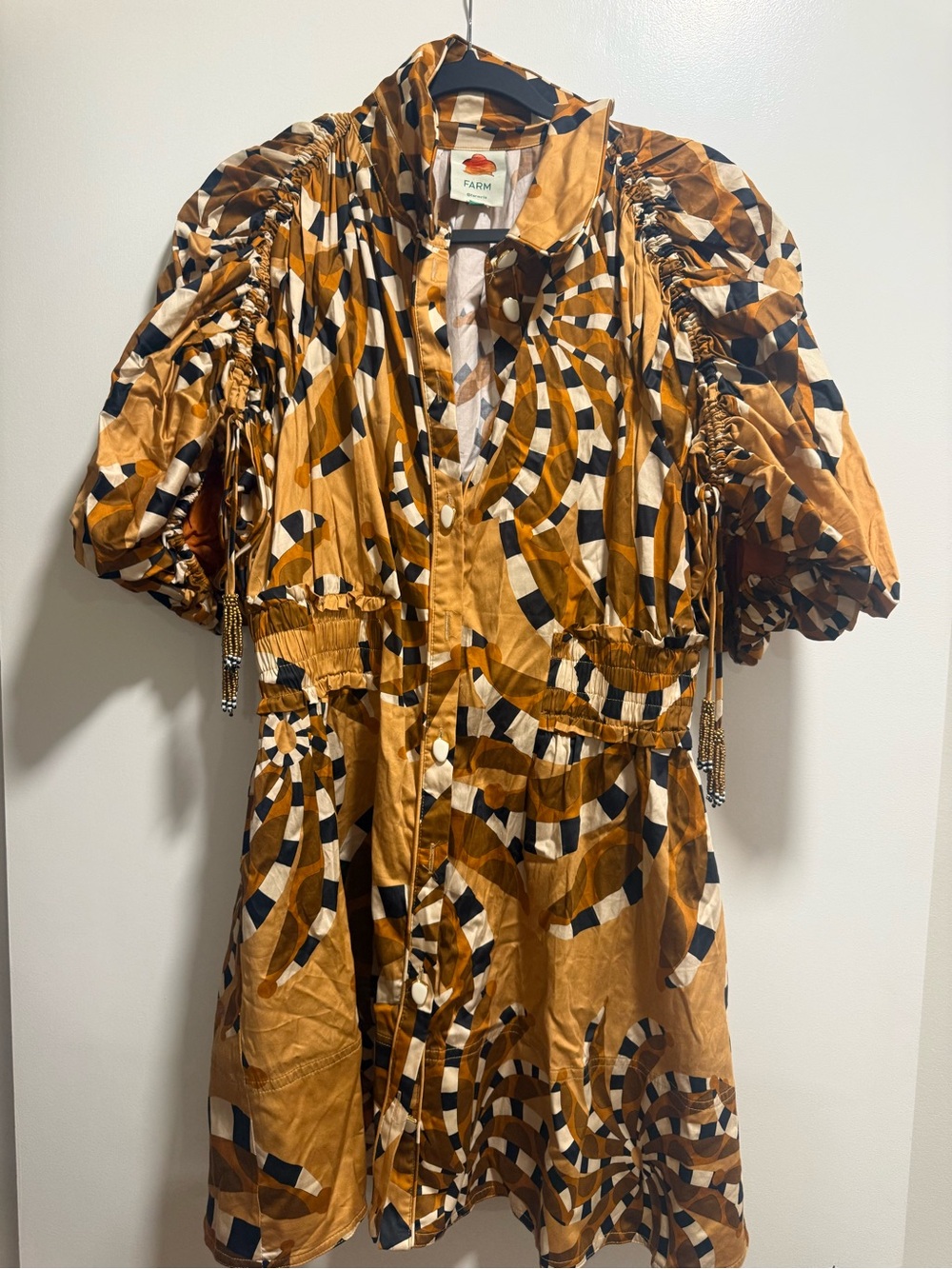 Farm Rio Womens Gold Geometric Button-Front Mini Dress - Picture 2 of 4